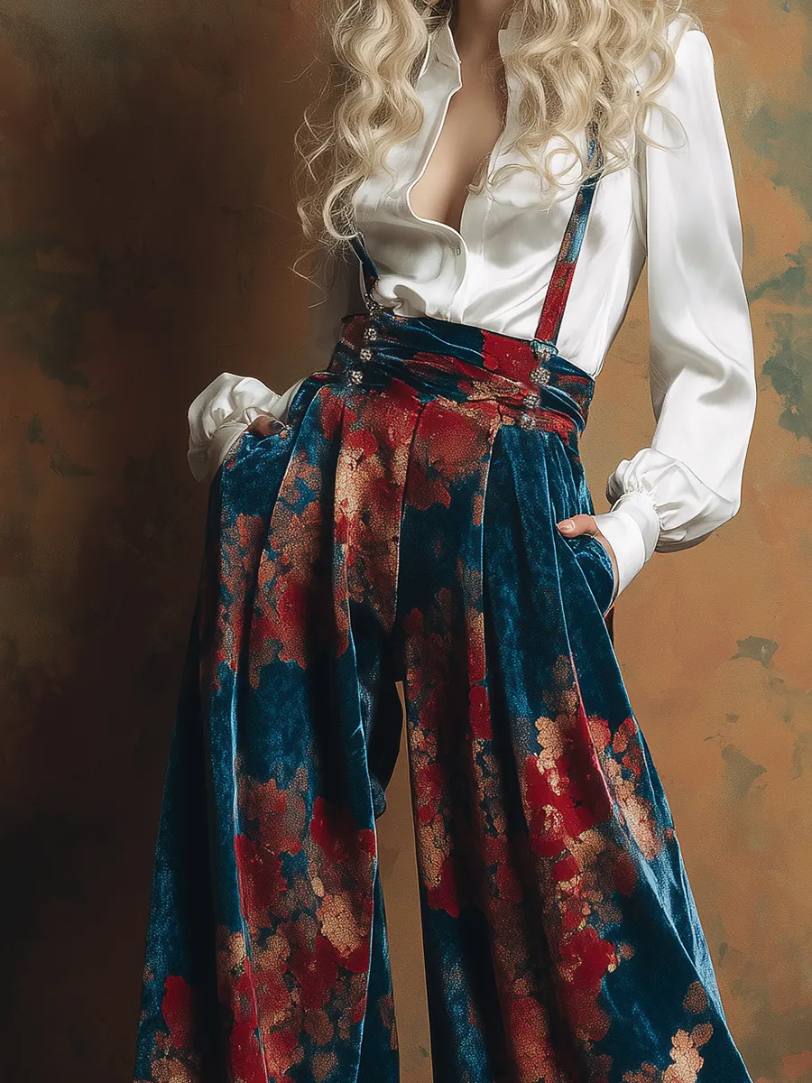 Retro-chic Printed Velvet Wide-leg Overalls sold by Oyrosy product image thumbnail 3