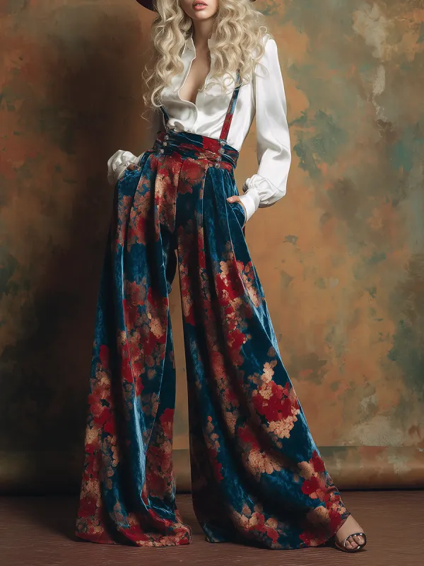 Retro-chic Printed Velvet Wide-leg Overalls sold by Oyrosy
