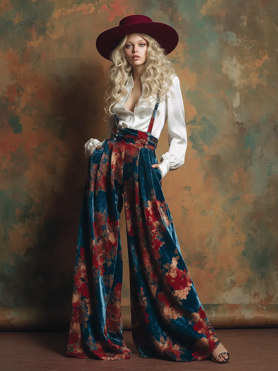 Retro-chic Printed Velvet Wide-leg Overalls sold by Oyrosy product image thumbnail 2