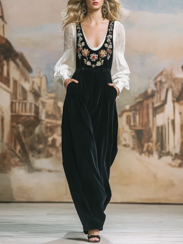 Retro Bohemian Floral Embroidered Black Corduroy Overalls sold by Oyrosy