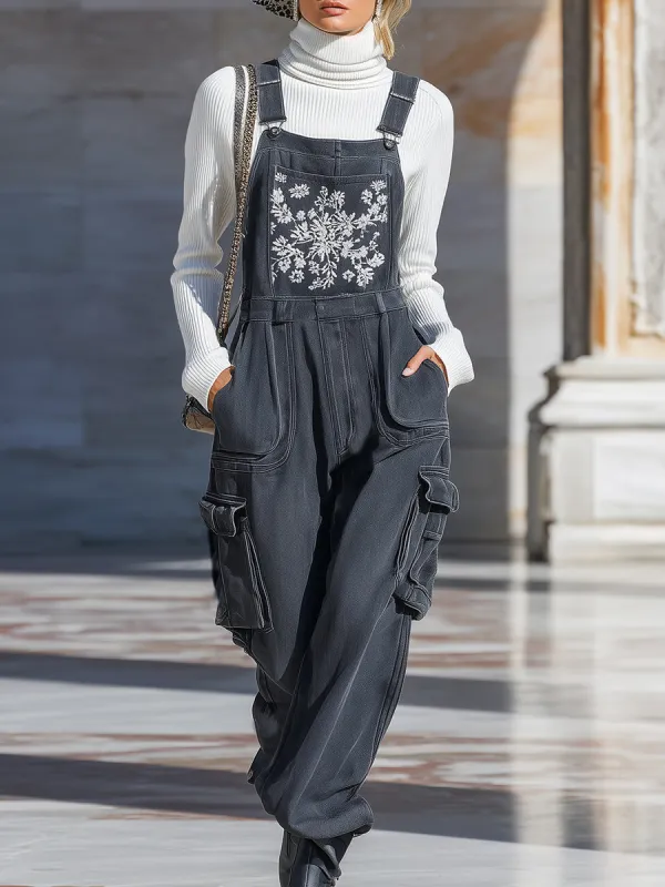 Casual Western Embroidered Light Gray Denim Loose Overalls made by Oyrosy