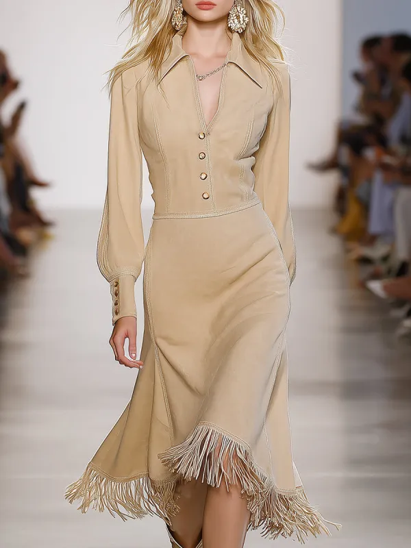 Casual Western Beige Lapel Faux Suede Tassel Midi Dress sold by Oyrosy