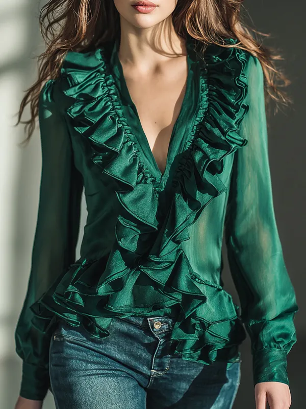 Casual And Stylish Ruffle Trim Green Chiffon Shirt sold by Oyrosy