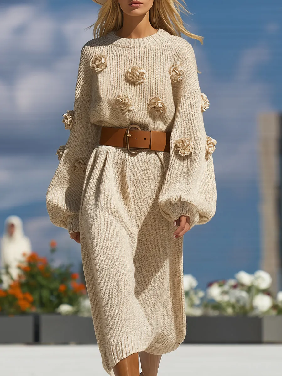 Casual And Stylish 3D Floral Embellishments Beige Loose-fitting Knit Midi Dress sold by Oyrosy