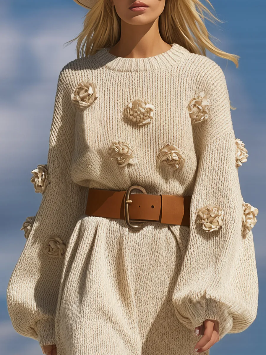 Casual And Stylish 3D Floral Embellishments Beige Loose-fitting Knit Midi Dress sold by Oyrosy product image thumbnail 3