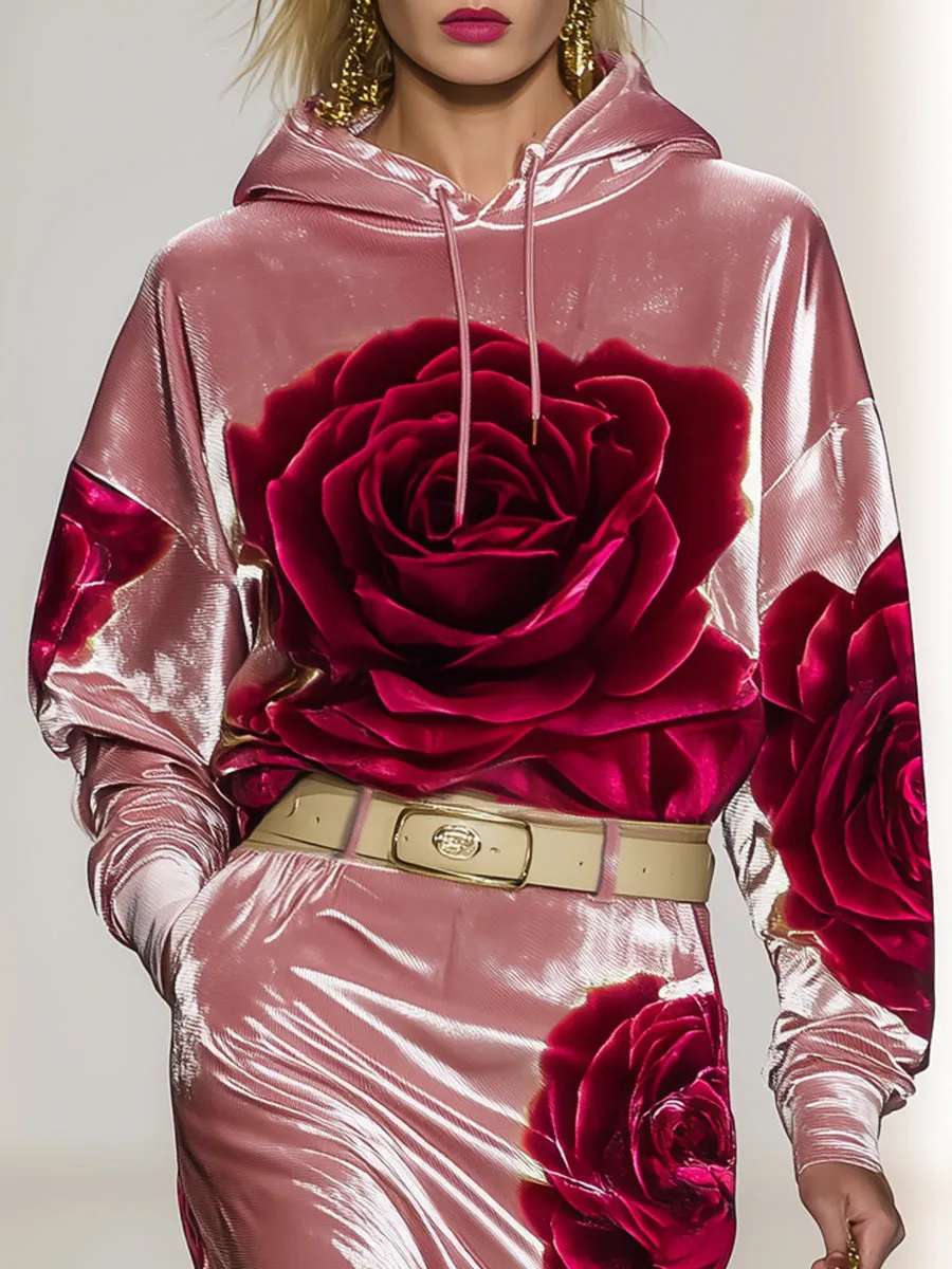 Casual And Stylish Rose Print Pink Velvet Hooded Midi Dress sold by Oyrosy product image thumbnail 3