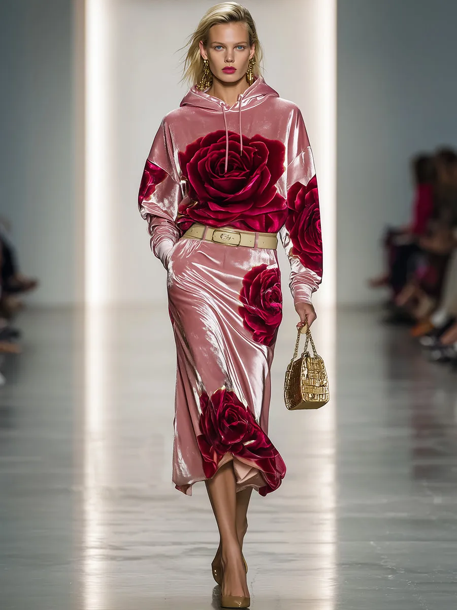 Casual And Stylish Rose Print Pink Velvet Hooded Midi Dress sold by Oyrosy product image thumbnail 2