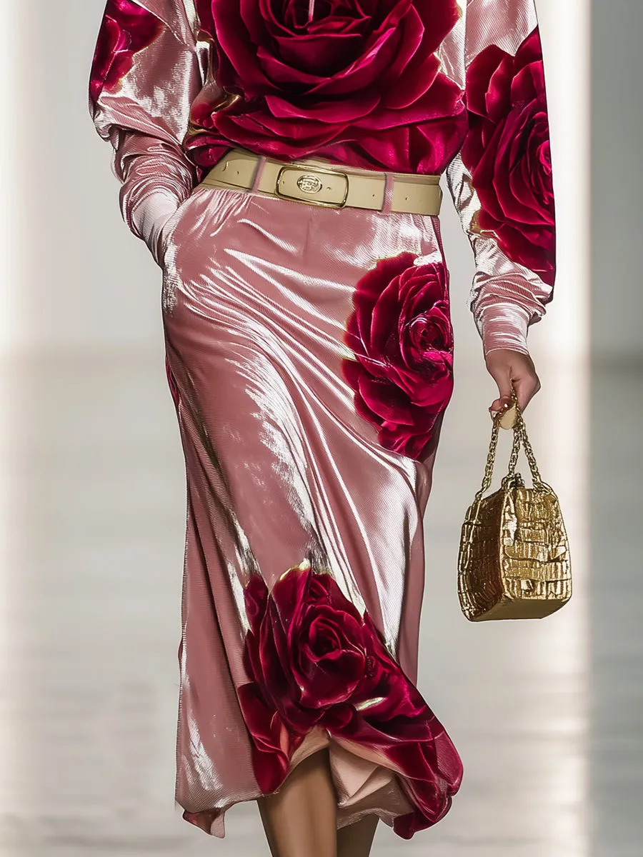 Casual And Stylish Rose Print Pink Velvet Hooded Midi Dress sold by Oyrosy product image thumbnail 4