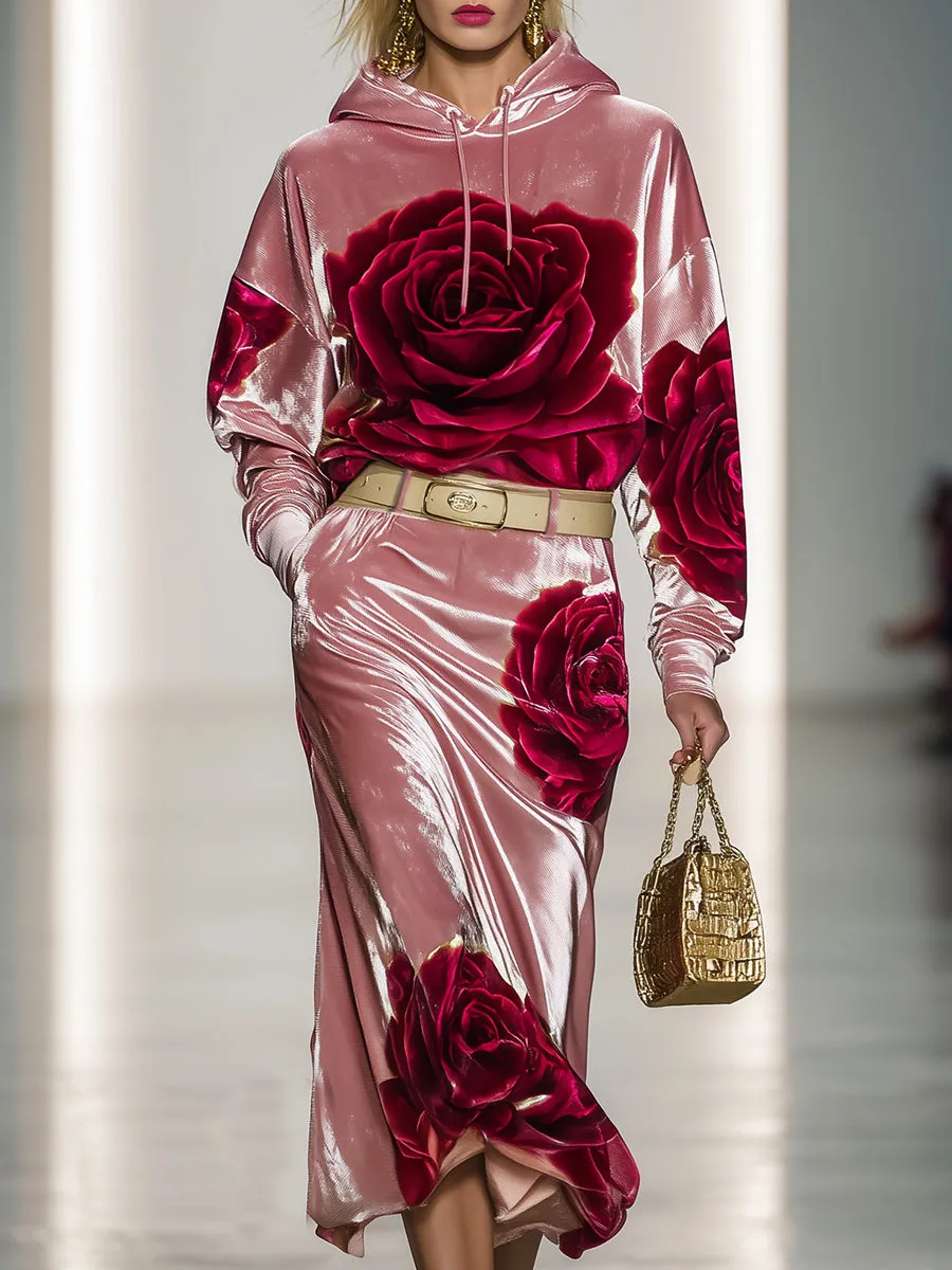 Casual And Stylish Rose Print Pink Velvet Hooded Midi Dress sold by Oyrosy