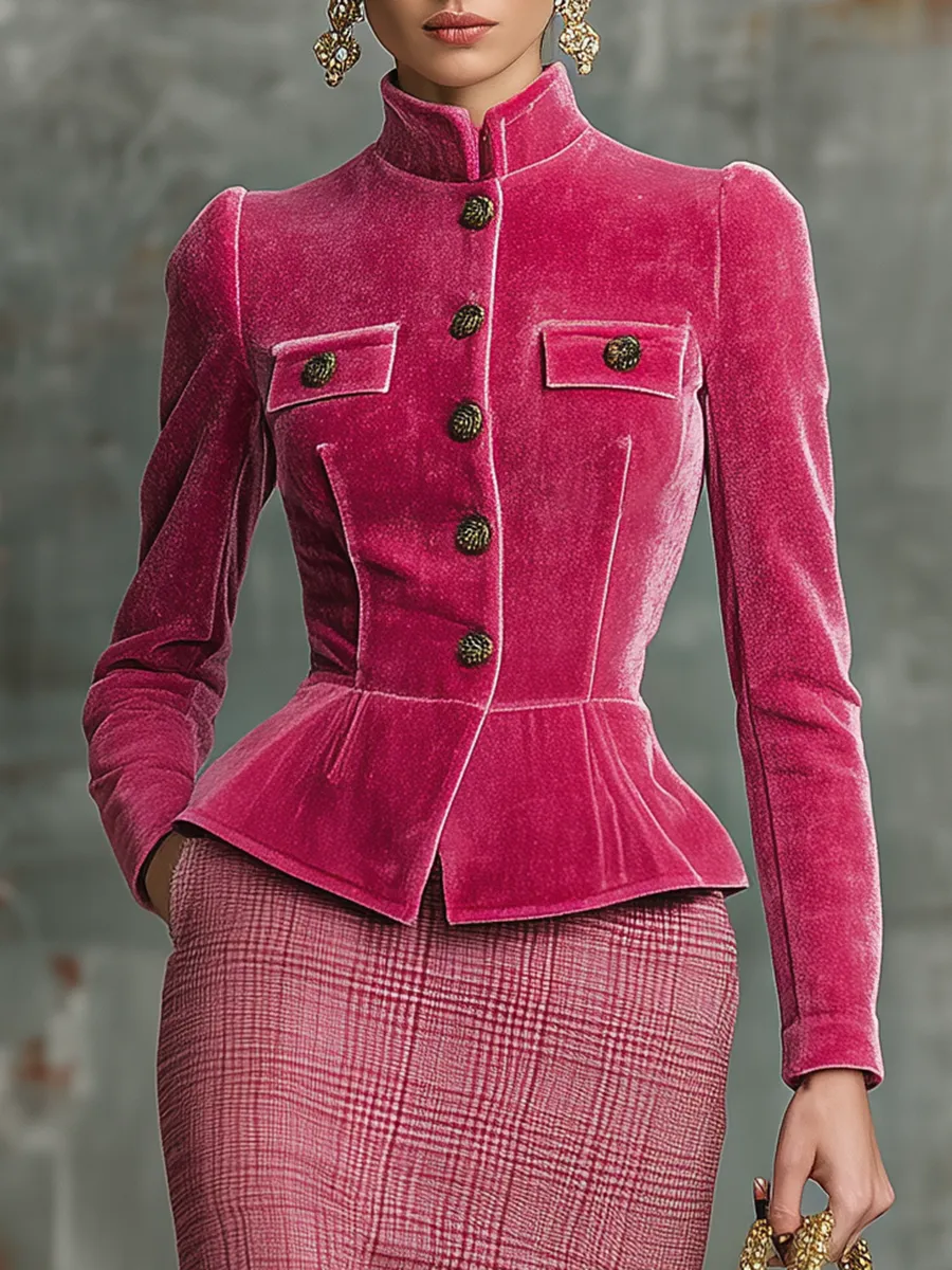 Elegant Retro Stand-collar Velvet Jacket And Plaid Skirt Set sold by Oyrosy product image thumbnail 3