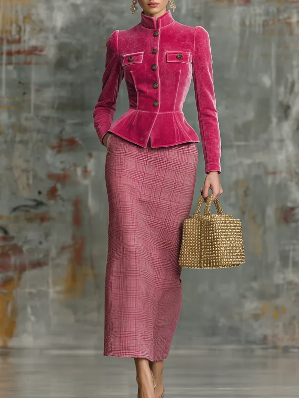 Elegant Retro Stand-collar Velvet Jacket And Plaid Skirt Set sold by Oyrosy