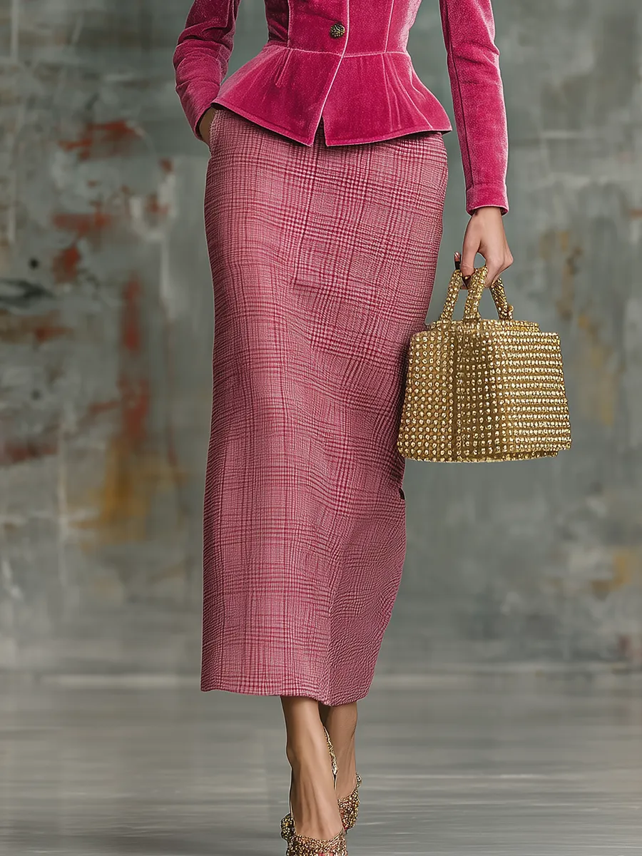 Elegant Retro Stand-collar Velvet Jacket And Plaid Skirt Set sold by Oyrosy product image thumbnail 4