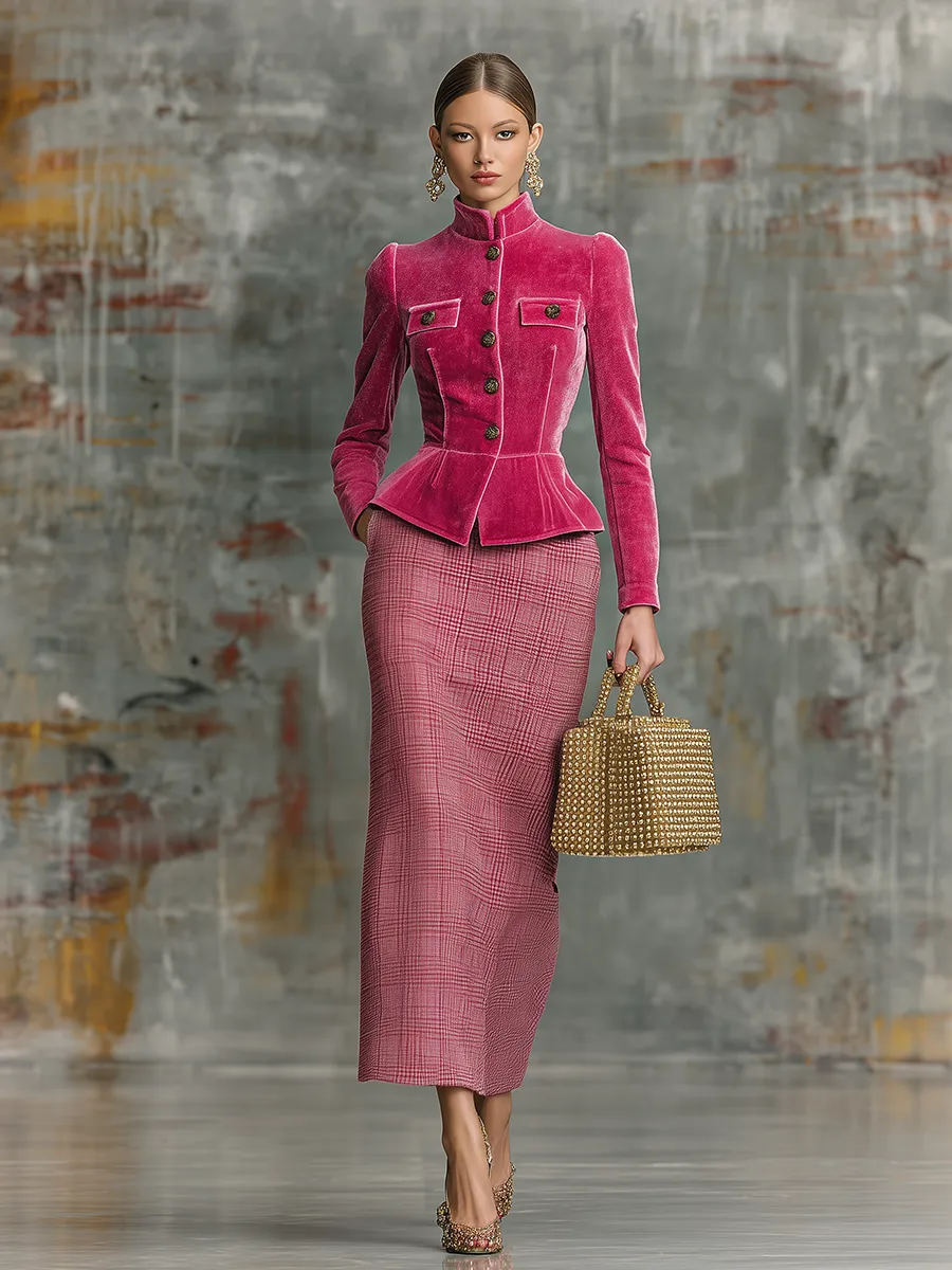 Elegant Retro Stand-collar Velvet Jacket And Plaid Skirt Set sold by Oyrosy product image thumbnail 2