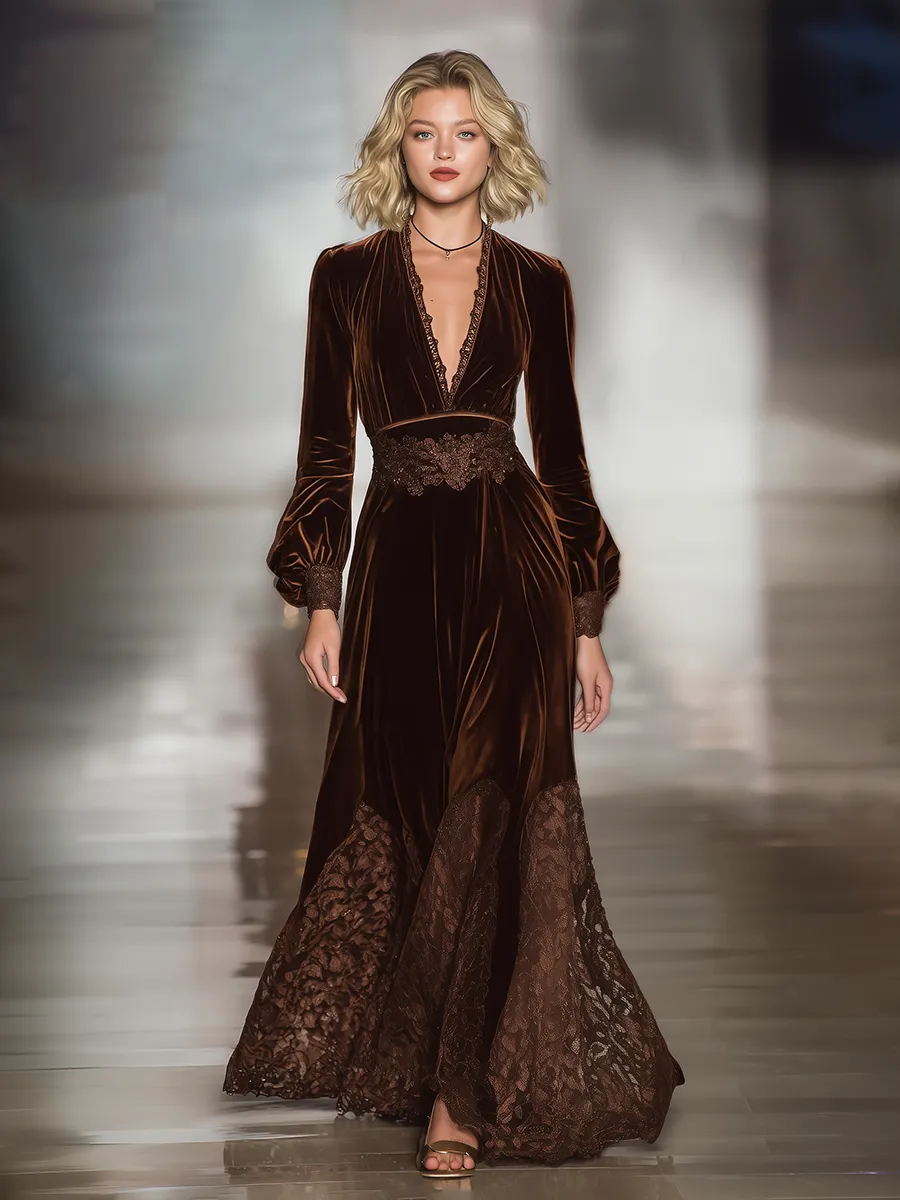 Retro Elegant V-neck Lace Patchwork Velvet Maxi Dress sold by Oyrosy product image thumbnail 2