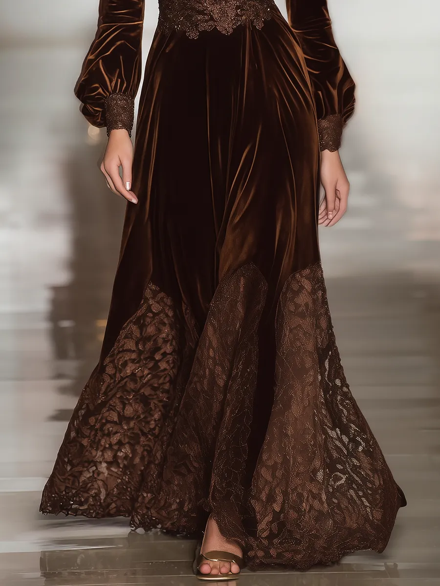 Retro Elegant V-neck Lace Patchwork Velvet Maxi Dress sold by Oyrosy product image thumbnail 4