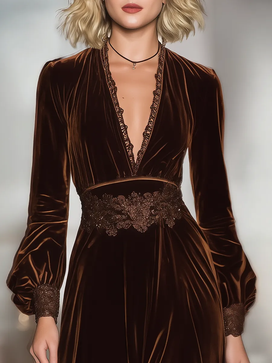 Retro Elegant V-neck Lace Patchwork Velvet Maxi Dress sold by Oyrosy product image thumbnail 3