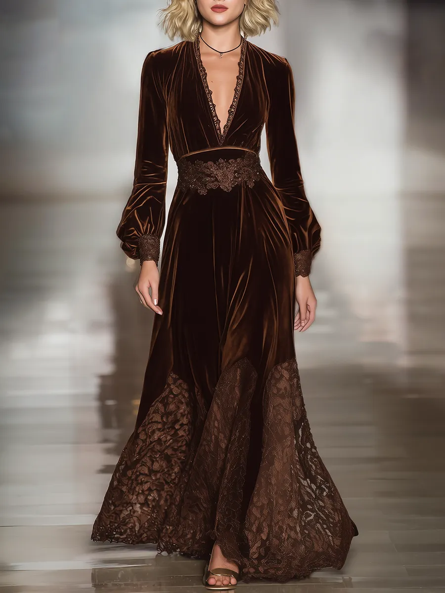 Retro Elegant V-neck Lace Patchwork Velvet Maxi Dress sold by Oyrosy