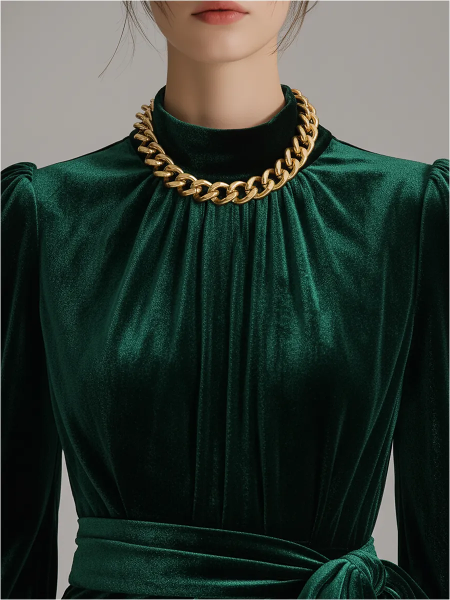 Elegant Stand-up Collar Lantern Sleeve Velvet Maxi Dress sold by Oyrosy product image thumbnail 3