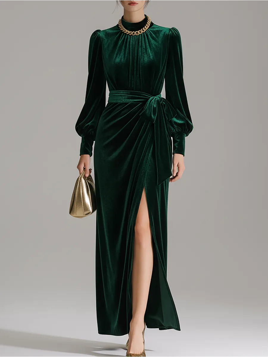 Elegant Stand-up Collar Lantern Sleeve Velvet Maxi Dress sold by Oyrosy