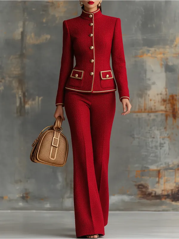 Elegant Retro Stand-collar Tweed Jacket And Flared Trousers Set sold by Oyrosy