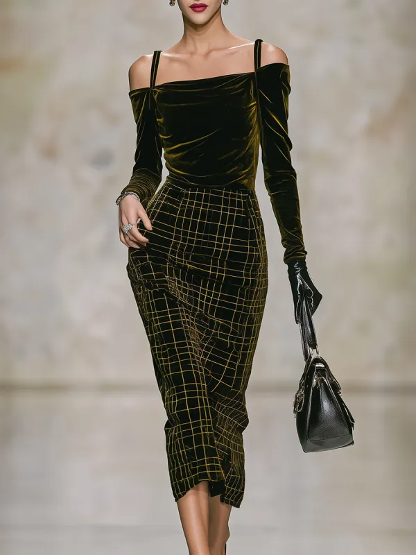 Elegant Retro Plaid Print Velvet Midi Dress sold by Oyrosy