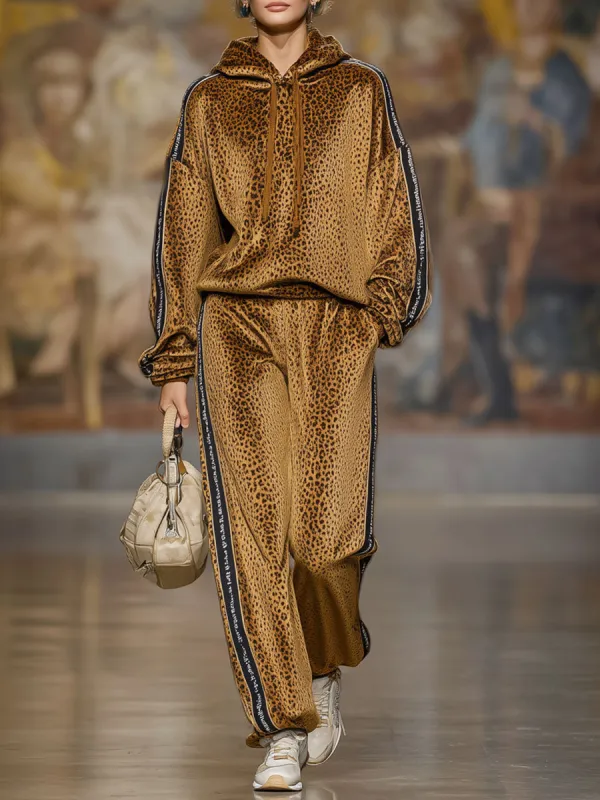 Loose-fitting Velvet Leopard Print Hoodie And Casual Pants Set sold by Oyrosy