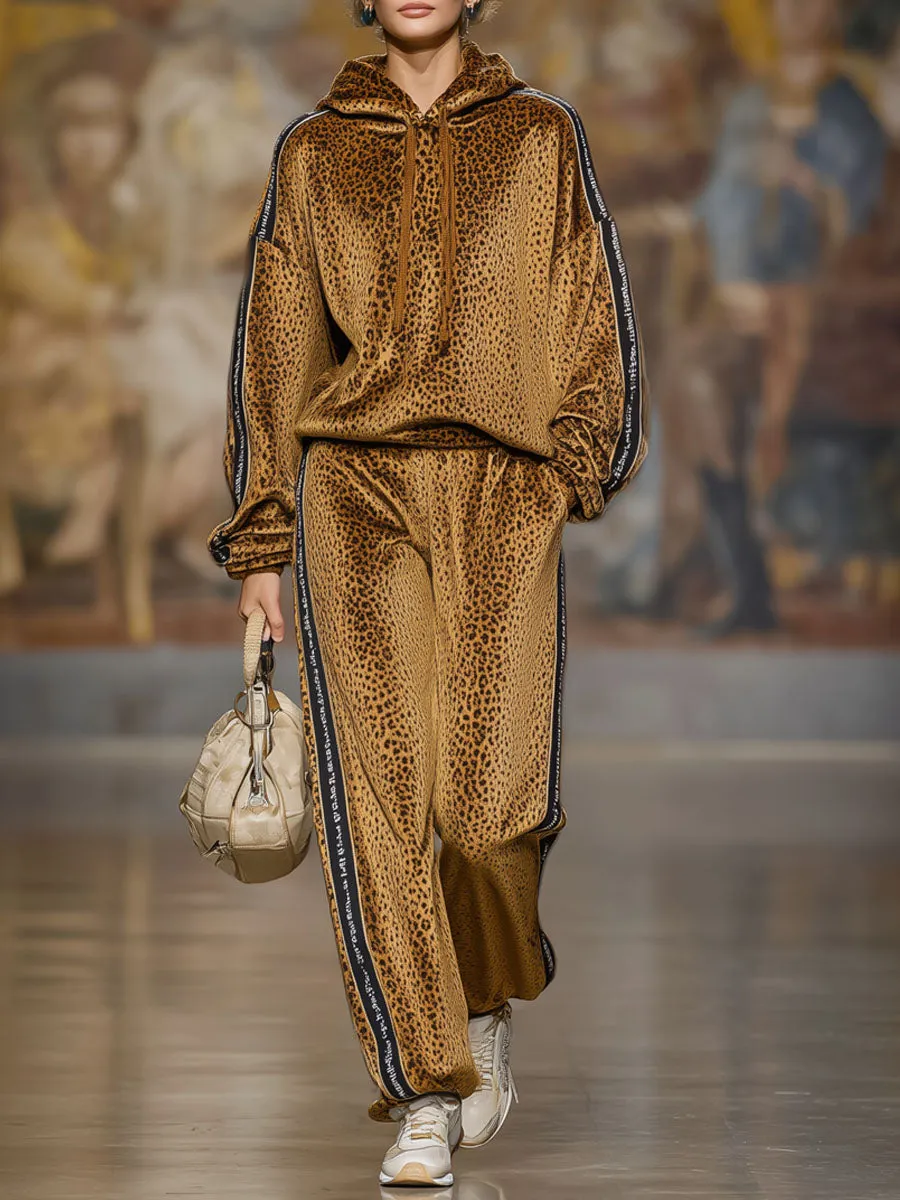 Loose-fitting Velvet Leopard Print Hoodie And Casual Pants Set sold by Oyrosy