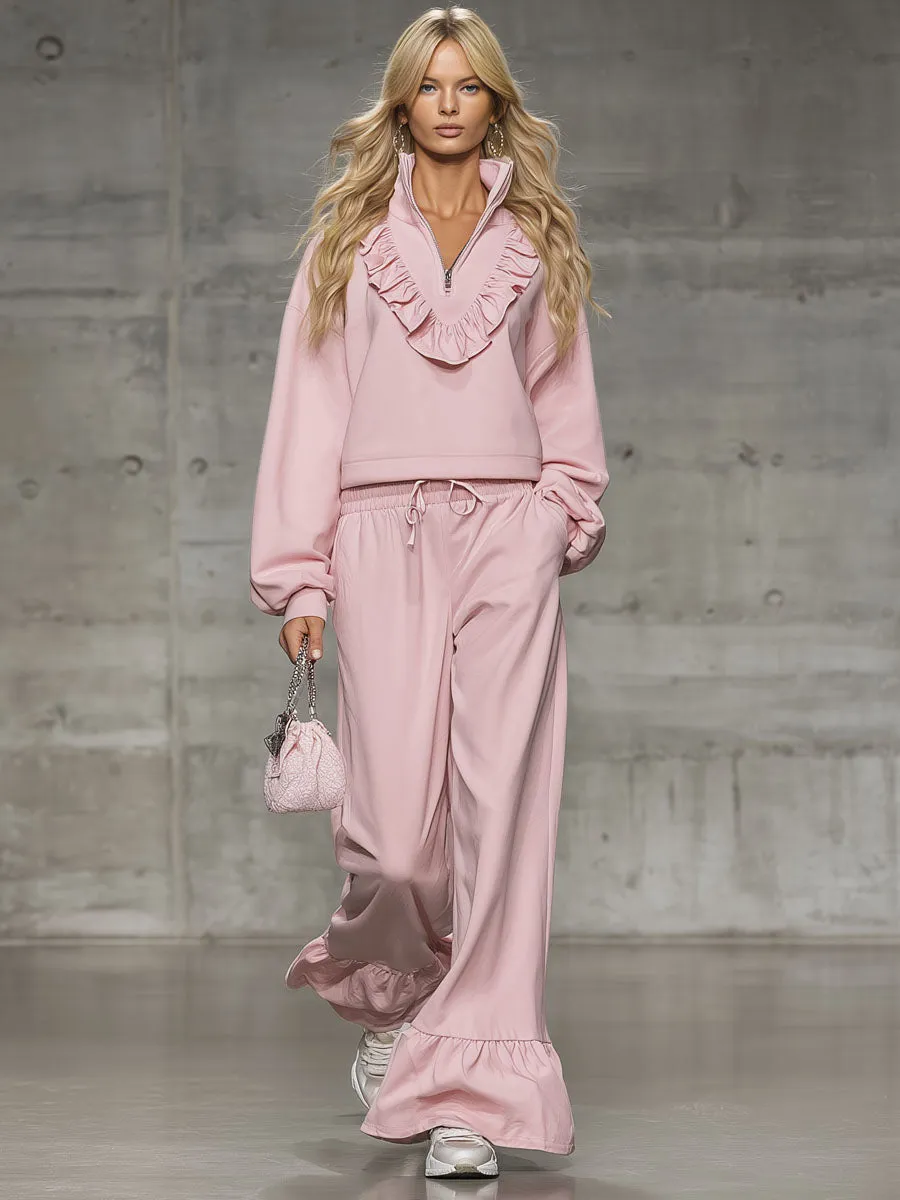Loose-fitting Stand-up Collar Half-zip Ruffle Sweatshirt And Casual Pants Set sold by Oyrosy product image thumbnail 4
