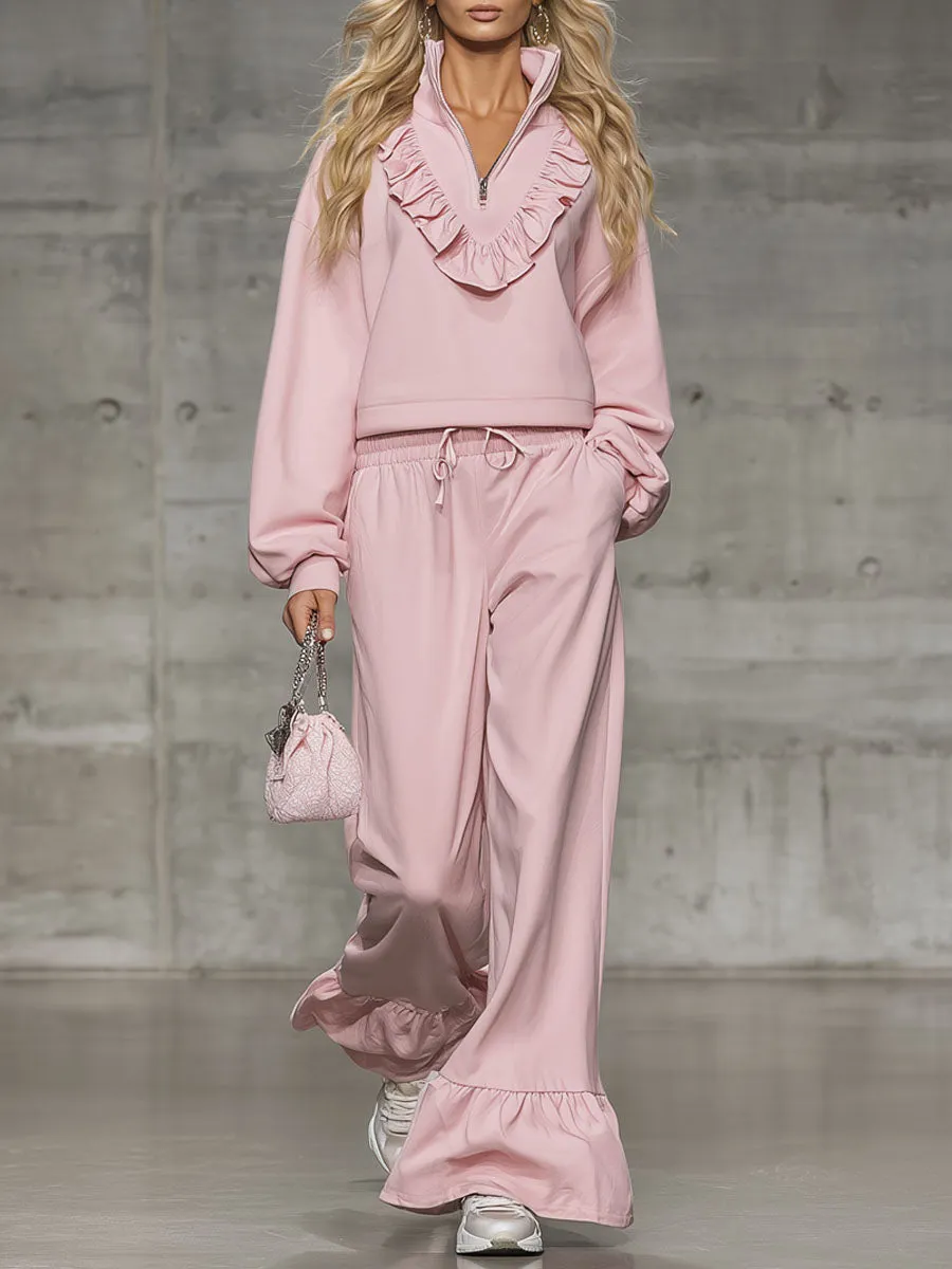 Loose-fitting Stand-up Collar Half-zip Ruffle Sweatshirt And Casual Pants Set sold by Oyrosy