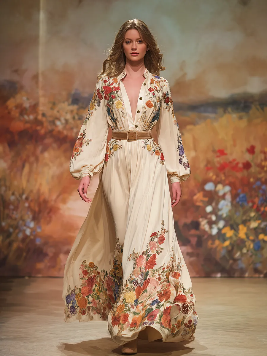 Elegant French Retro Floral Print Maxi Dress sold by Oyrosy product image thumbnail 2