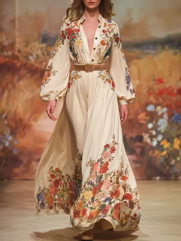 Elegant French Retro Floral Print Maxi Dress sold by Oyrosy