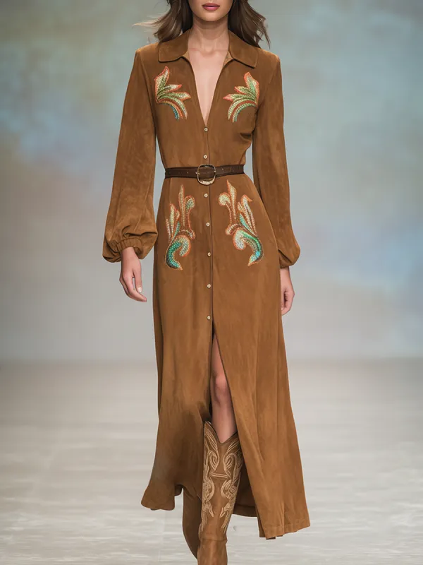 Retro Western Style Embroidered Faux Suede Maxi Dress sold by Oyrosy