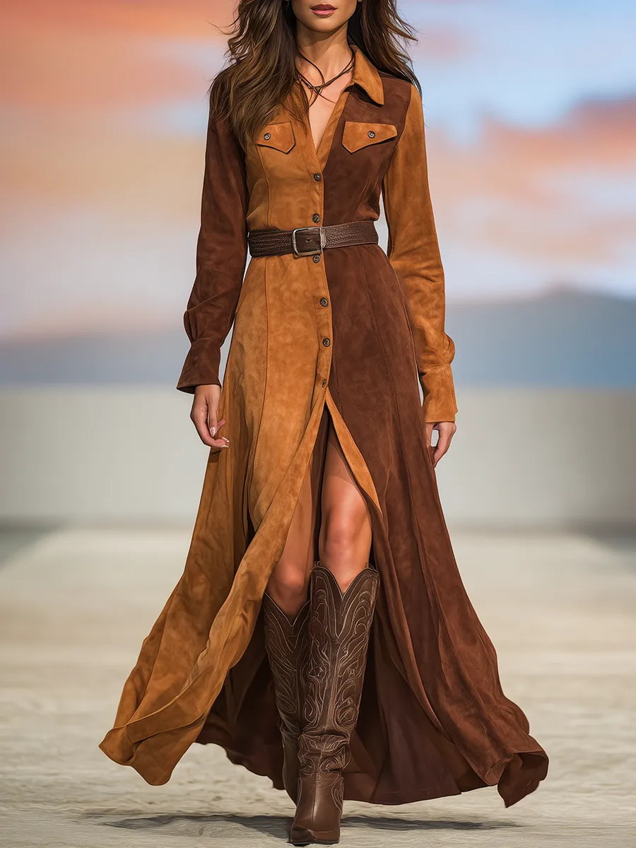 Western-style Retro Color-blocked Faux Suede Maxi Dress sold by Oyrosy