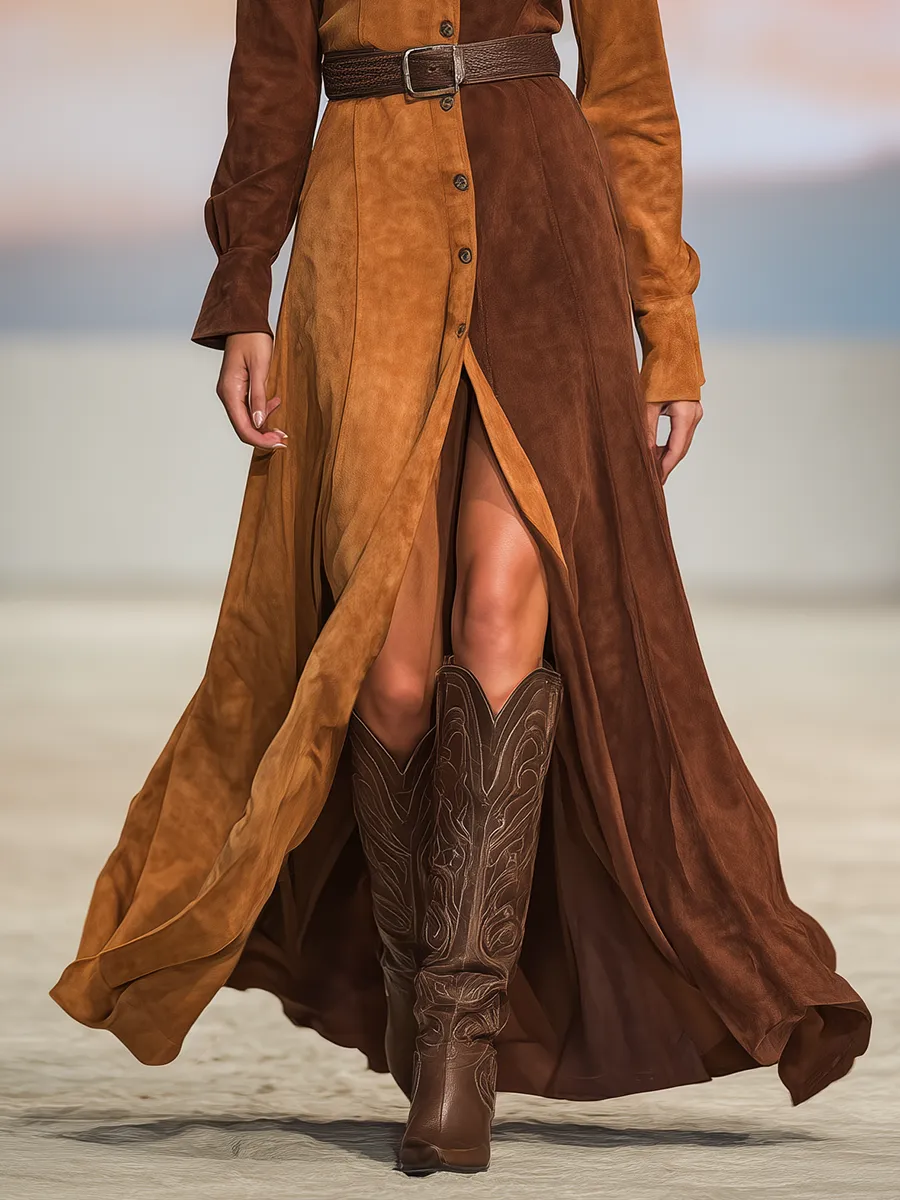 Western-style Retro Color-blocked Faux Suede Maxi Dress sold by Oyrosy product image thumbnail 4