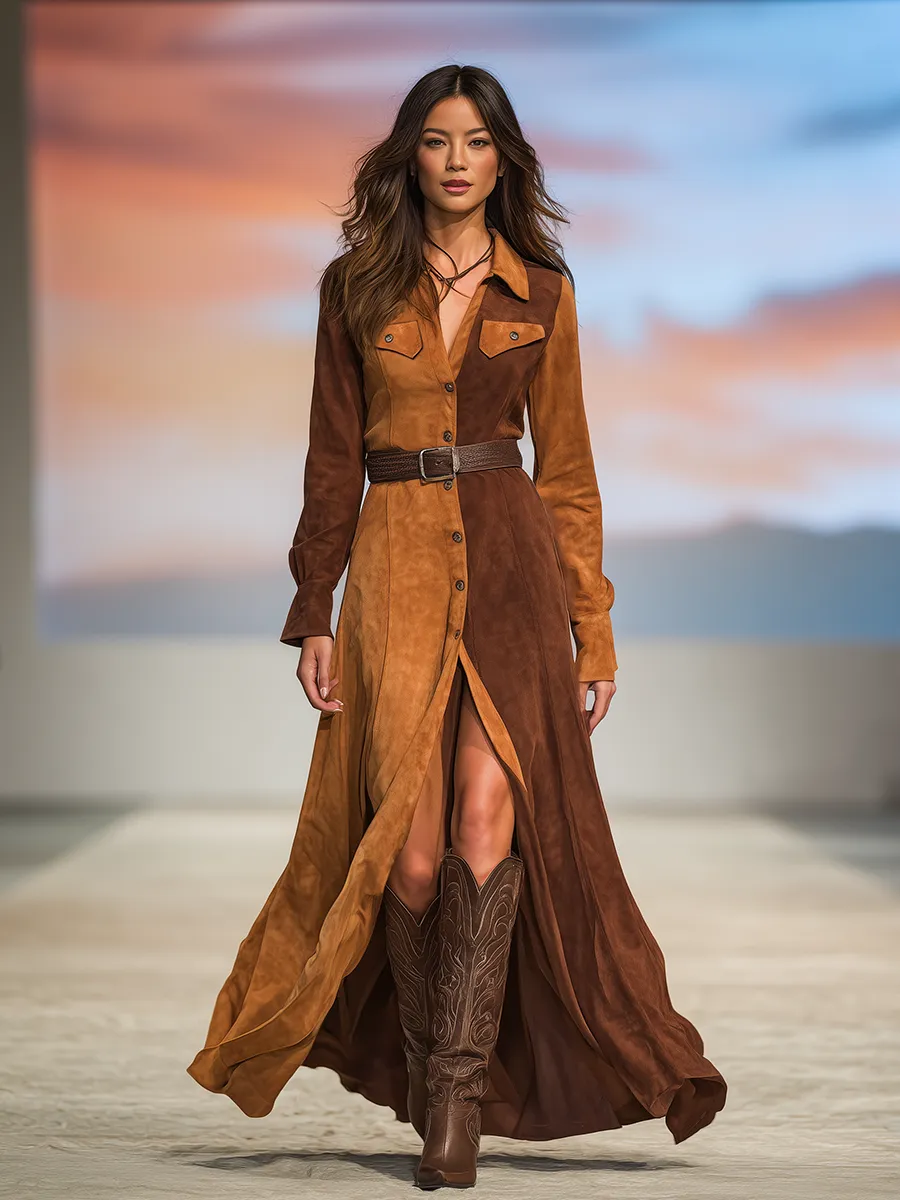 Western-style Retro Color-blocked Faux Suede Maxi Dress sold by Oyrosy product image thumbnail 2