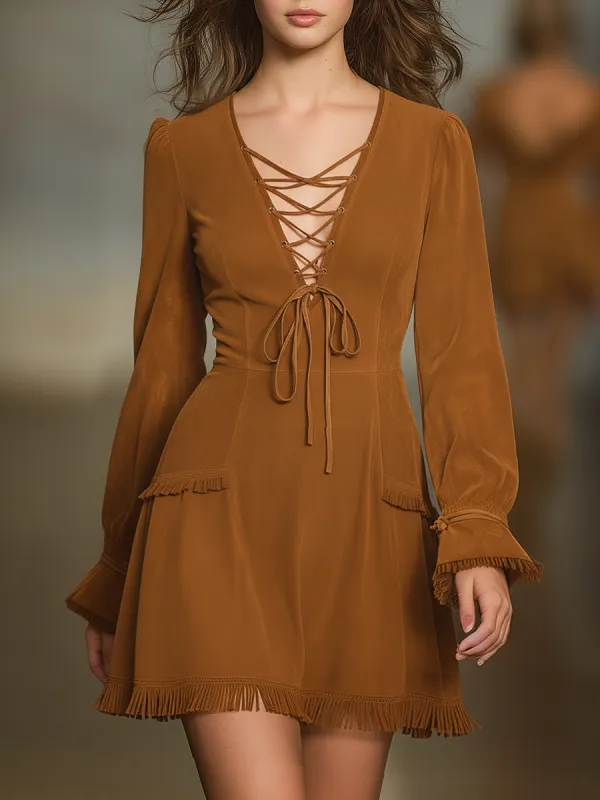 Retro Western Style Tie-up V-neck Faux Suede Mini Dress sold by Oyrosy