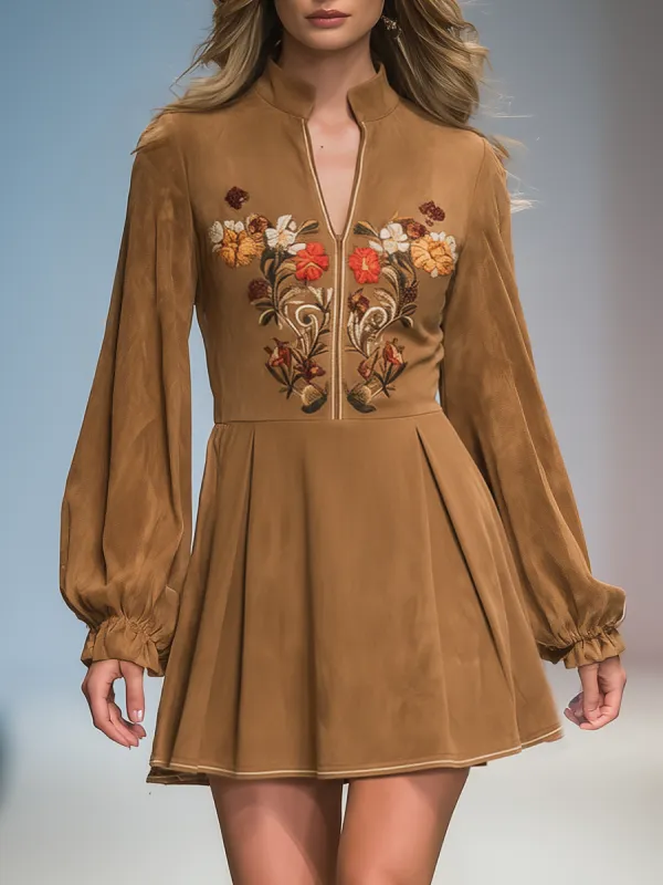 Retro Western Style V-neck Floral Embroidered Faux Suede Mini Dress sold by Oyrosy