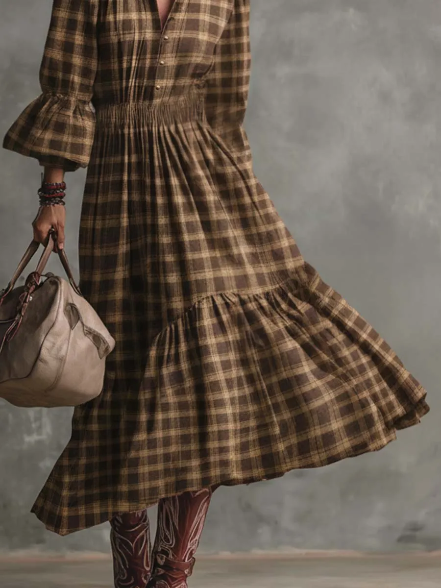 Vintage Western Countryside Lapel Front Button Bubble Hem Brown Plaid Midi Dress sold by Oyrosy product image thumbnail 4