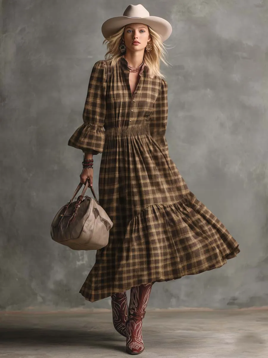 Vintage Western Countryside Lapel Front Button Bubble Hem Brown Plaid Midi Dress sold by Oyrosy product image thumbnail 2