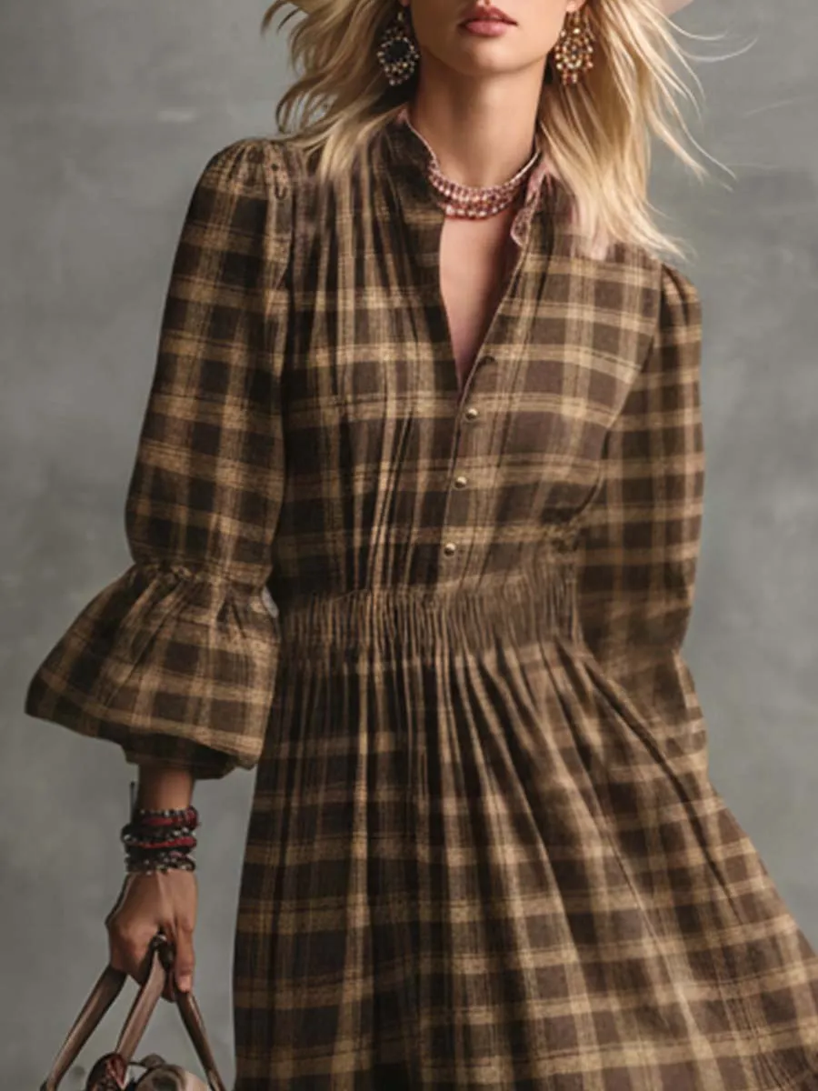 Vintage Western Countryside Lapel Front Button Bubble Hem Brown Plaid Midi Dress sold by Oyrosy product image thumbnail 3