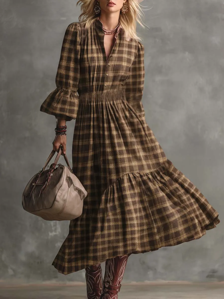 Vintage Western Countryside Lapel Front Button Bubble Hem Brown Plaid Midi Dress sold by Oyrosy