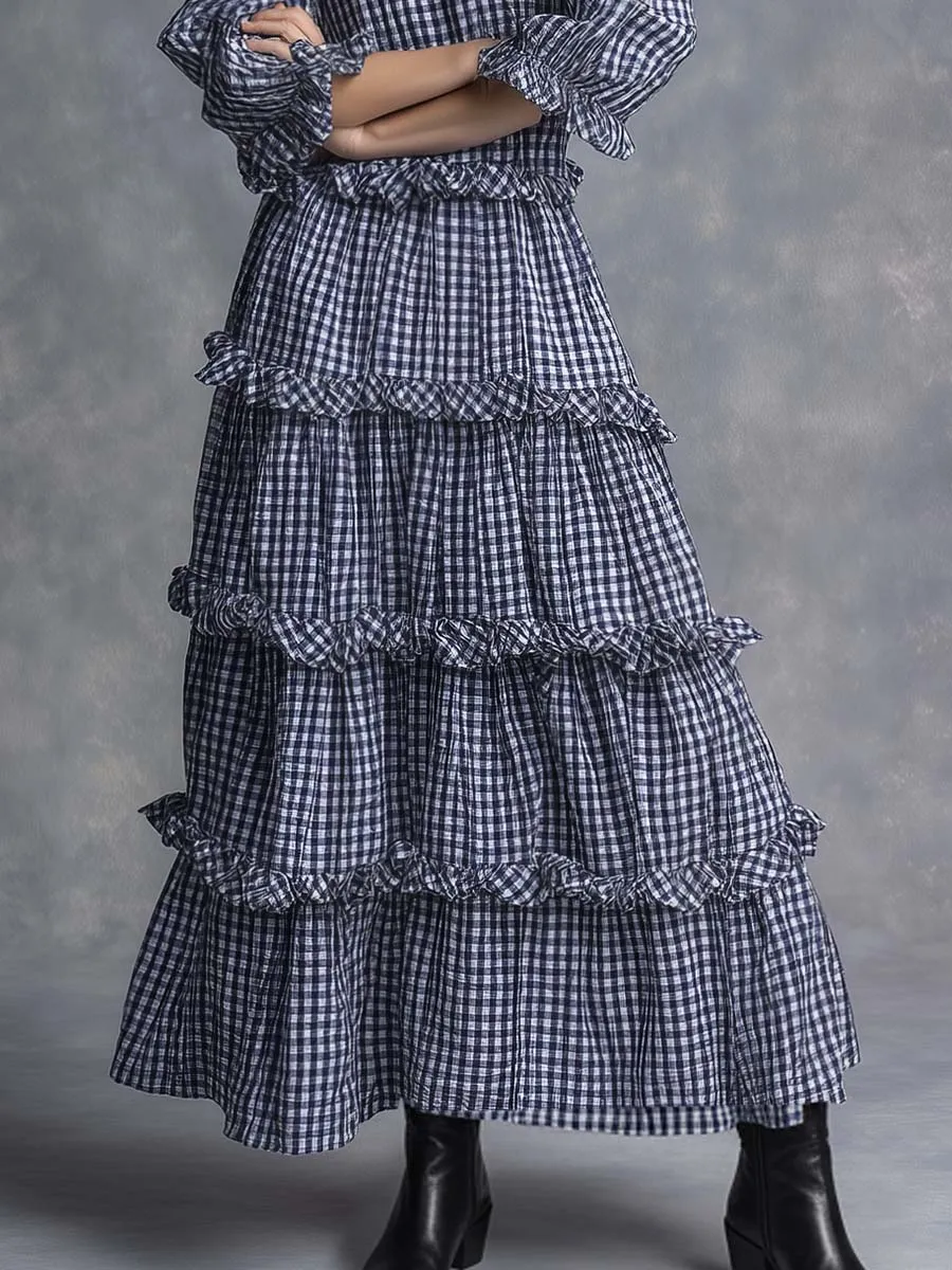 Western Countryside Round Neck Multi-layered Pleats Ruffled Hem Black And White Checkered Maxi Dress sold by Oyrosy product image thumbnail 4