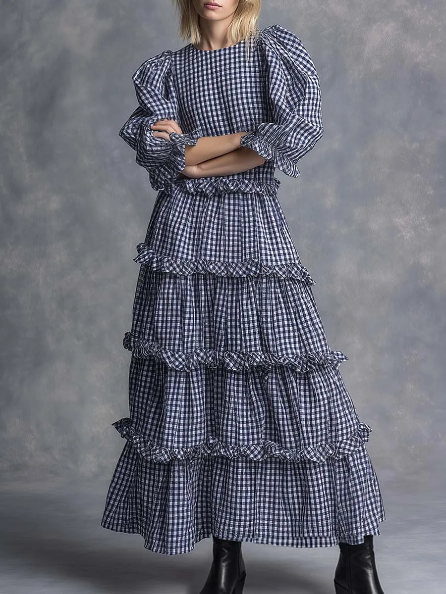 Western Countryside Round Neck Multi-layered Pleats Ruffled Hem Black And White Checkered Maxi Dress sold by Oyrosy