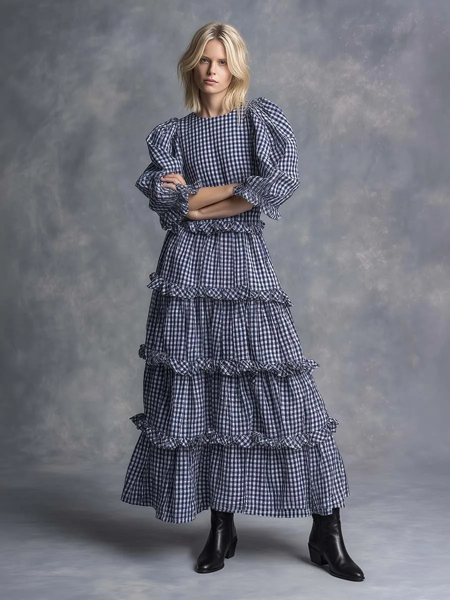 Western Countryside Round Neck Multi-layered Pleats Ruffled Hem Black And White Checkered Maxi Dress sold by Oyrosy product image thumbnail 2