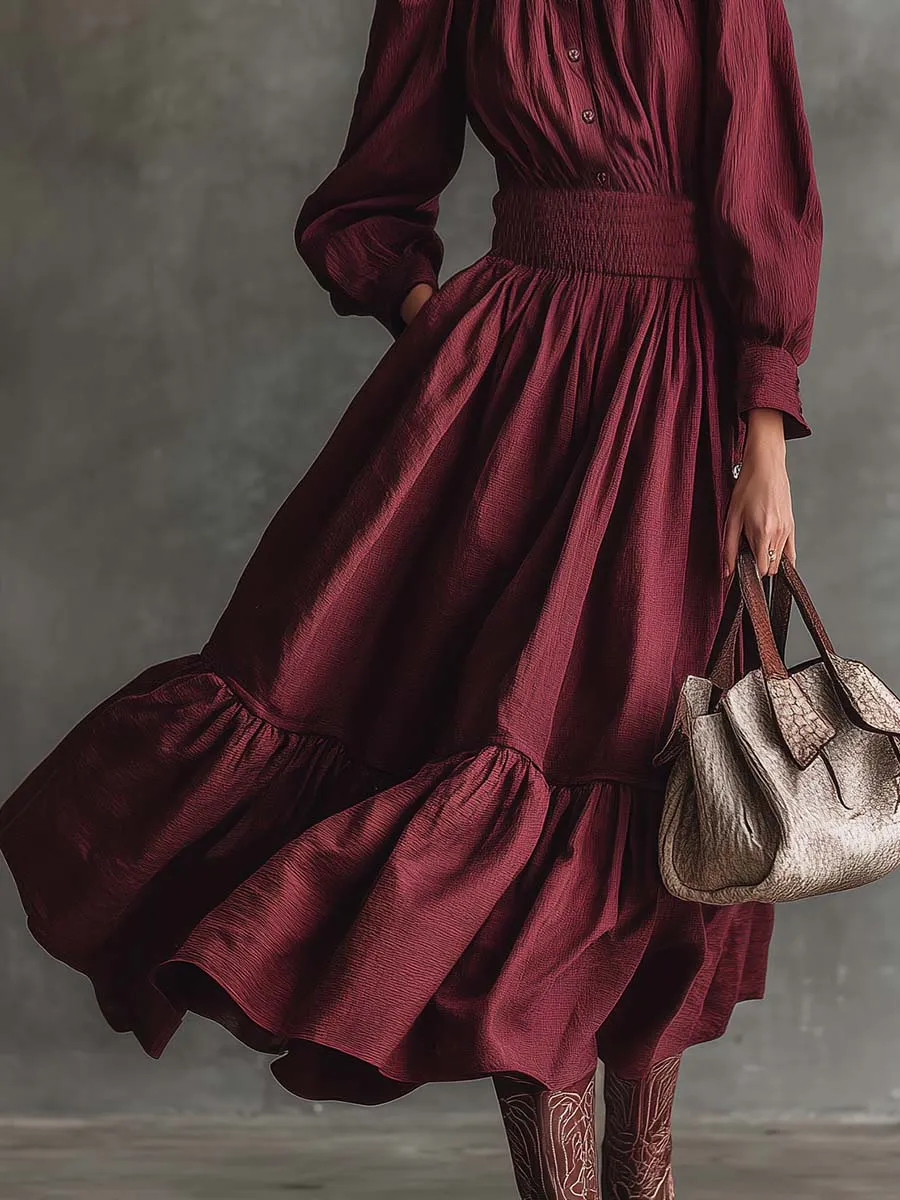 Vintage Western Countryside Lapel Button Front Bubble Hem Maroon Cotton Midi Dress sold by Oyrosy product image thumbnail 4