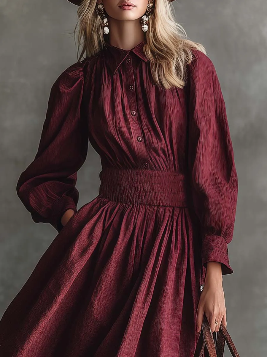 Vintage Western Countryside Lapel Button Front Bubble Hem Maroon Cotton Midi Dress sold by Oyrosy product image thumbnail 3