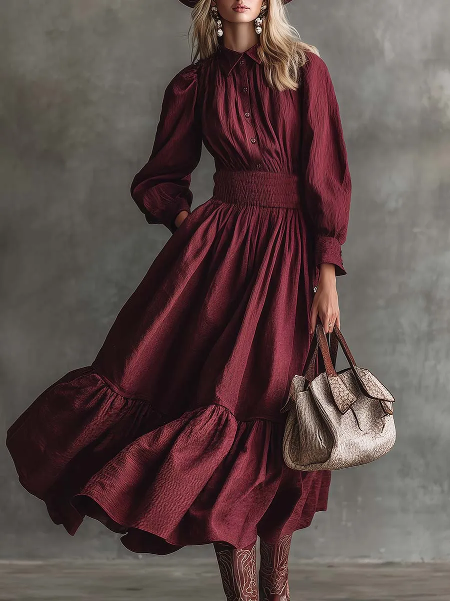 Vintage Western Countryside Lapel Button Front Bubble Hem Maroon Cotton Midi Dress sold by Oyrosy