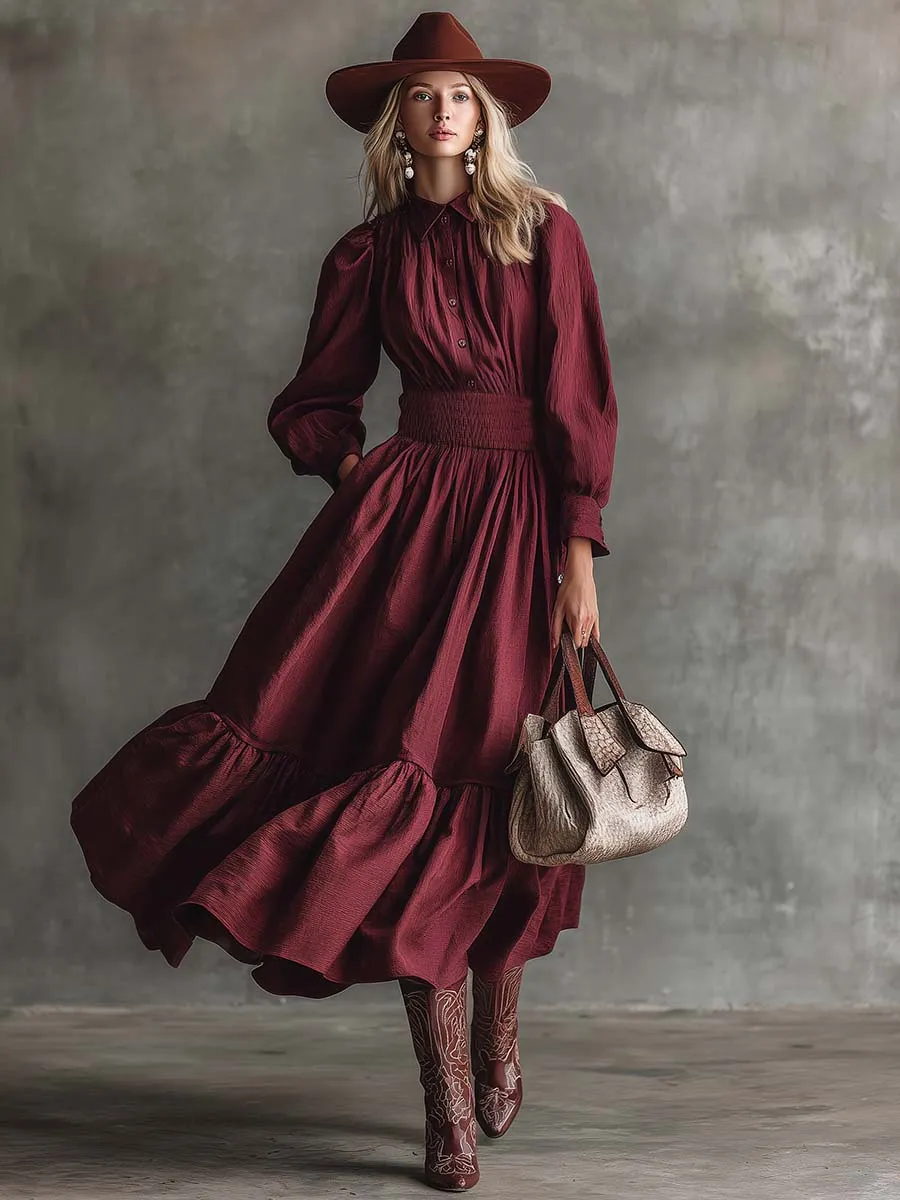 Vintage Western Countryside Lapel Button Front Bubble Hem Maroon Cotton Midi Dress sold by Oyrosy product image thumbnail 2