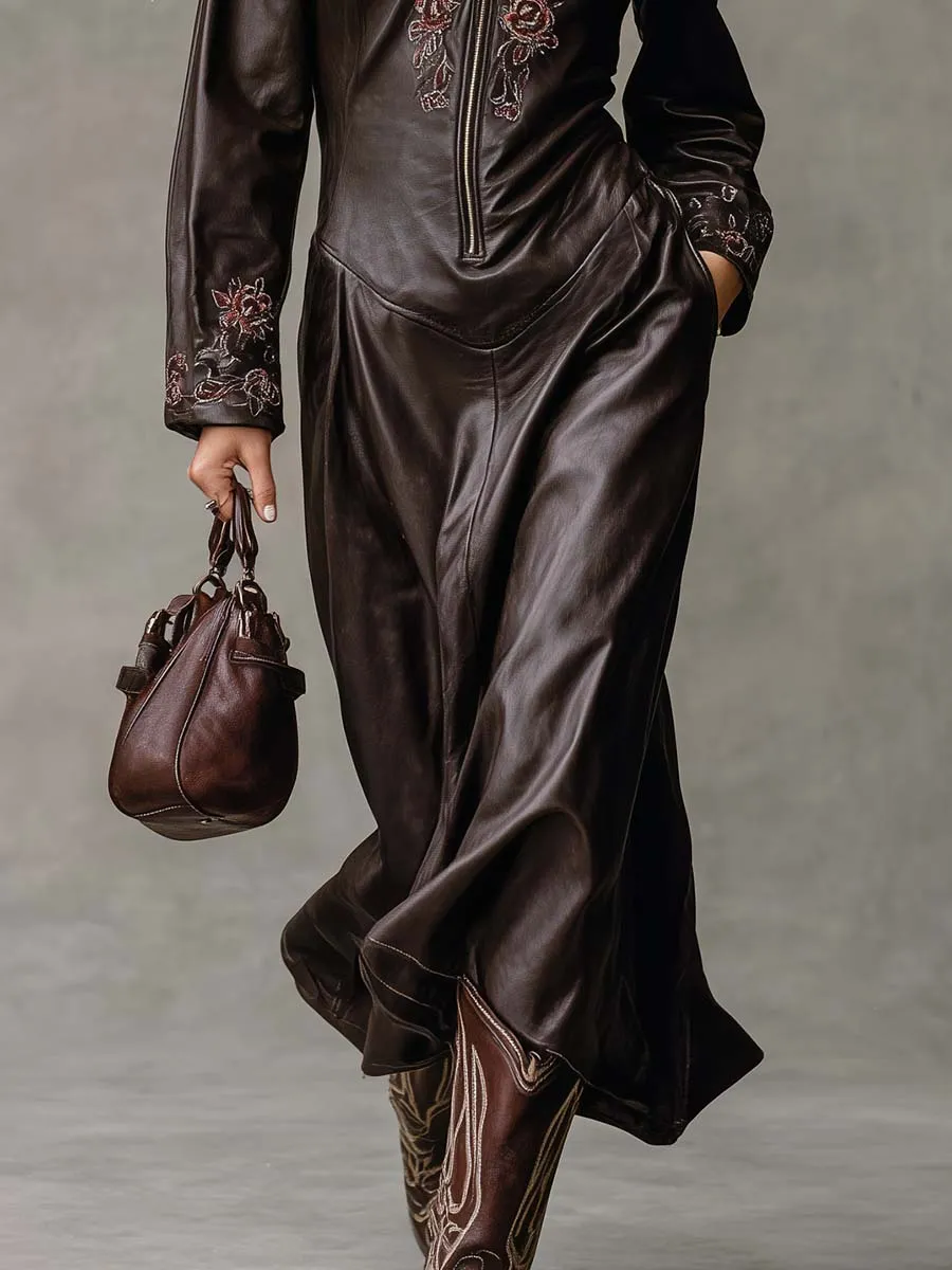 Vintage Western Embroidered Lapel Front Zipper Dark Brown Leather Midi Dress sold by Oyrosy product image thumbnail 4
