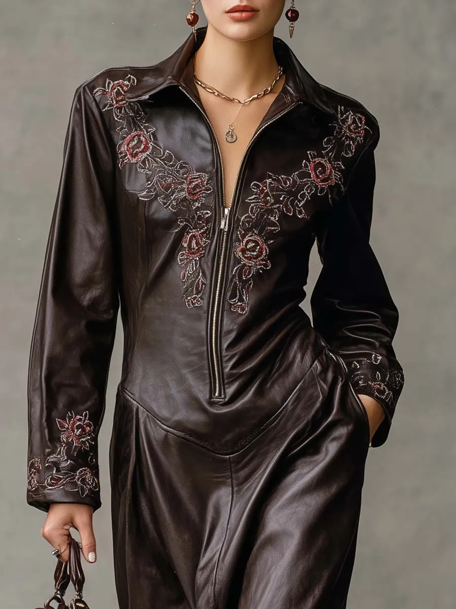 Vintage Western Embroidered Lapel Front Zipper Dark Brown Leather Midi Dress sold by Oyrosy product image thumbnail 3